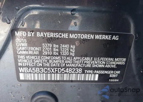 2015 BMW 535I xDrive z USA, uszkodzony, nr VIN WBA5B3C5XFD548238